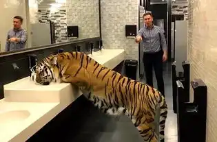 小伙上完厕所推门看见老虎在洗手池喝水,做出一个厉害的举动
