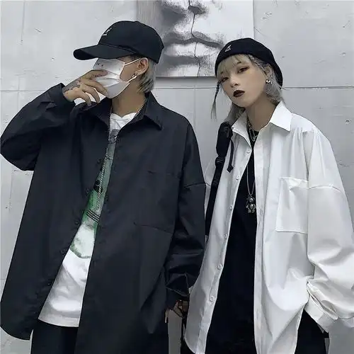 属性女2020新款韩国ins潮流男女衬衫纯色落肩袖净色衬衣宽松