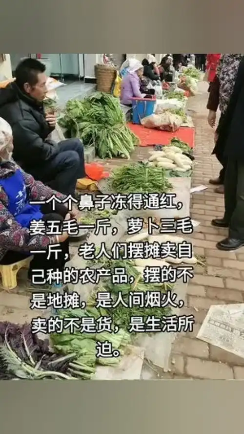 一个个鼻子冻得通红,姜五毛一斤,萝卜三毛一斤,老人们摆摊卖自己种的农产品,摆的不是地摊,是人间烟火,卖的不是货,是生活所迫