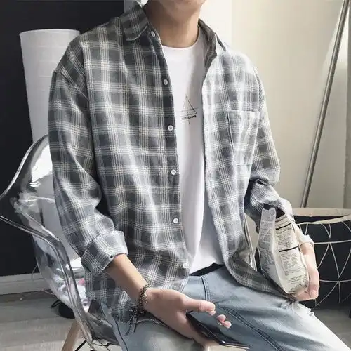 男士衬衫长袖韩版学生宽松衬衣男休闲春季修身格子潮