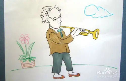 彩色简笔画学习吹小号的男孩