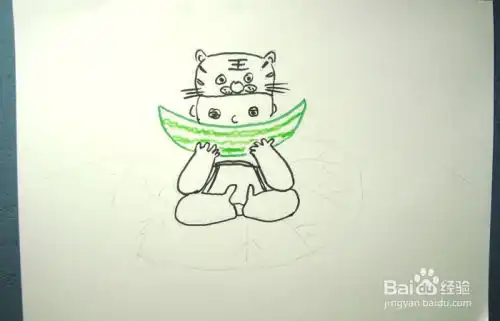 彩色简笔画吃西瓜的小男孩