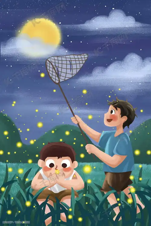 夏天夏季夜晚夏夜抓萤火虫男孩童年小清新六一插画图片千库网