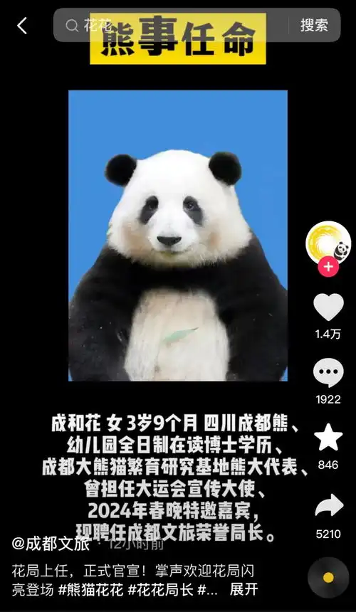 大熊猫和花成文旅局荣誉局长网友祝贺花局