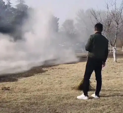 山东一公园草坪起火,男子拿扫帚灭火网友博流量想火想疯了吧