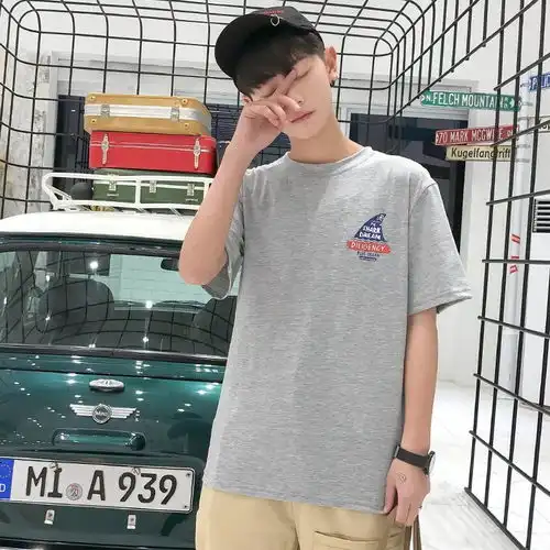 男士短袖t恤韩版时尚潮流夏季半袖鲨鱼圆领宽松上衣服男装打底衫
